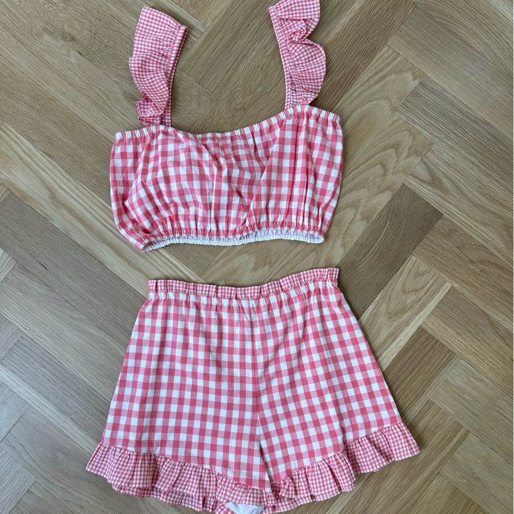 Lovers + Friends Pink and White Gingham Crop Top Set